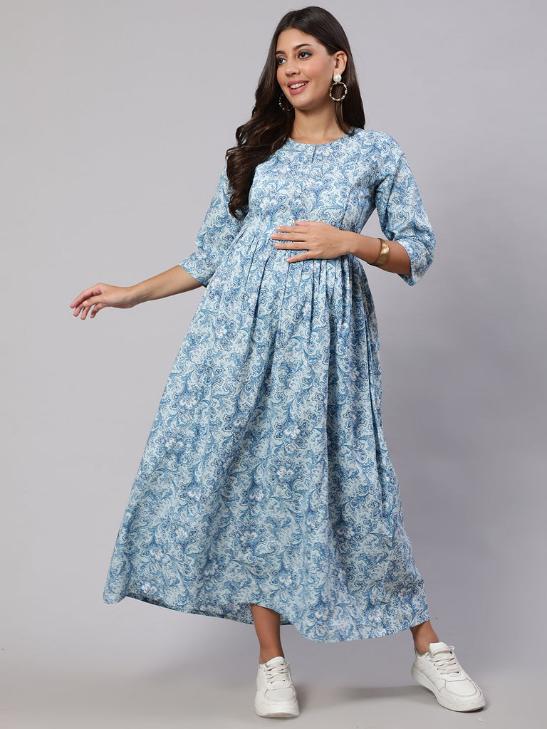 Women's Blue Printed Flared Maternity Dress
