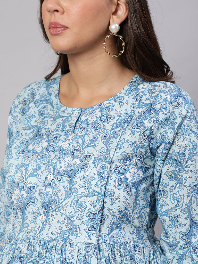 Women's Blue Printed Flared Maternity Dress