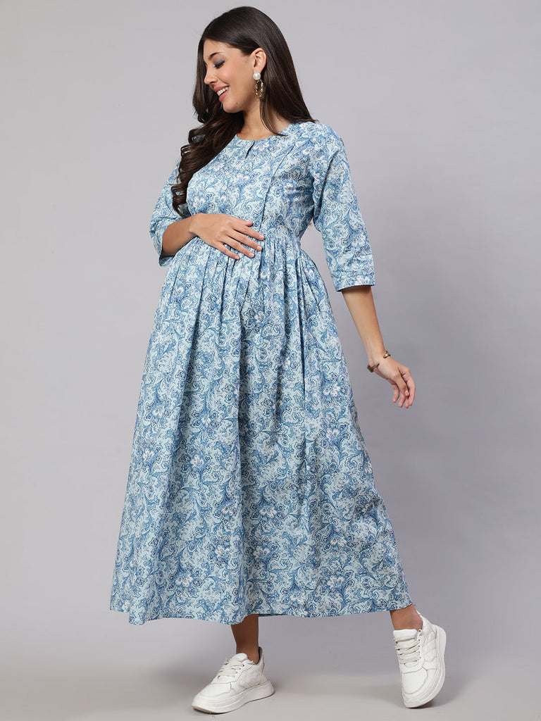 Women's Blue Printed Flared Maternity Dress