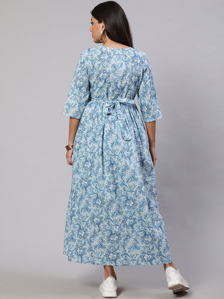 Women's Blue Printed Flared Maternity Dress