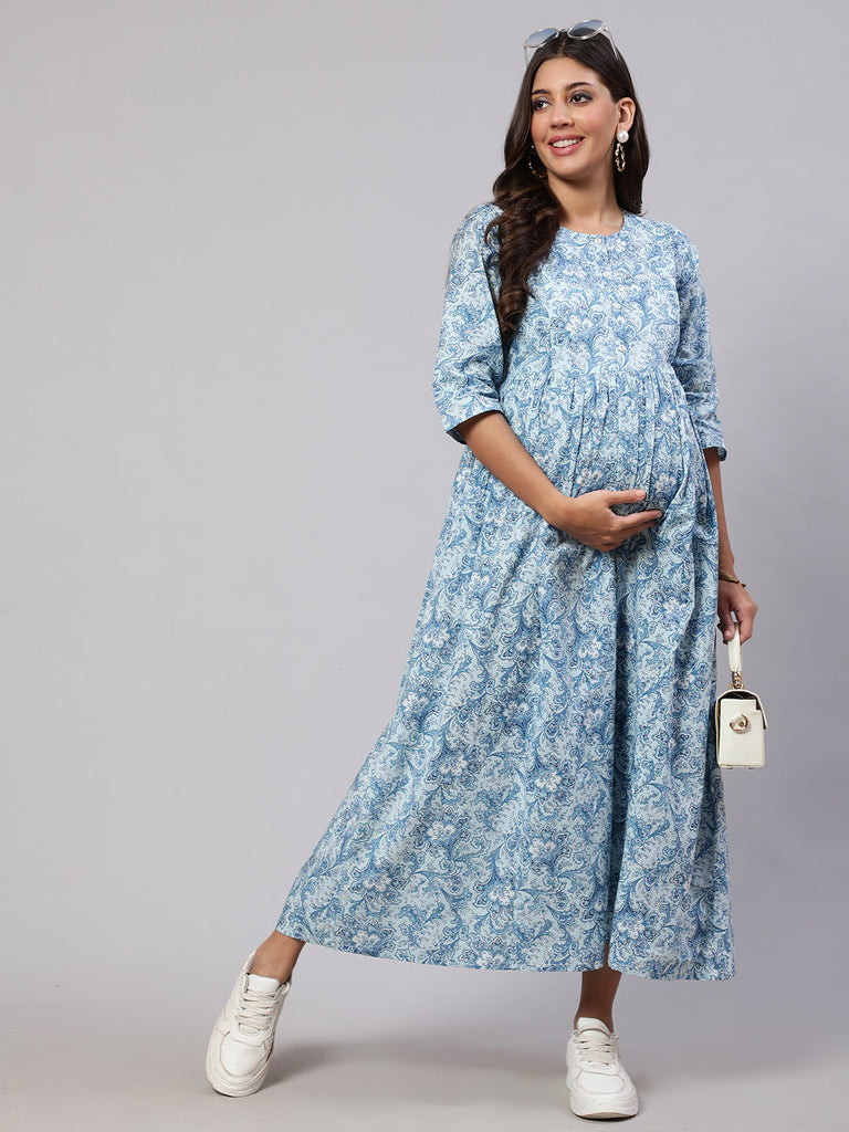 Women's Blue Printed Flared Maternity Dress
