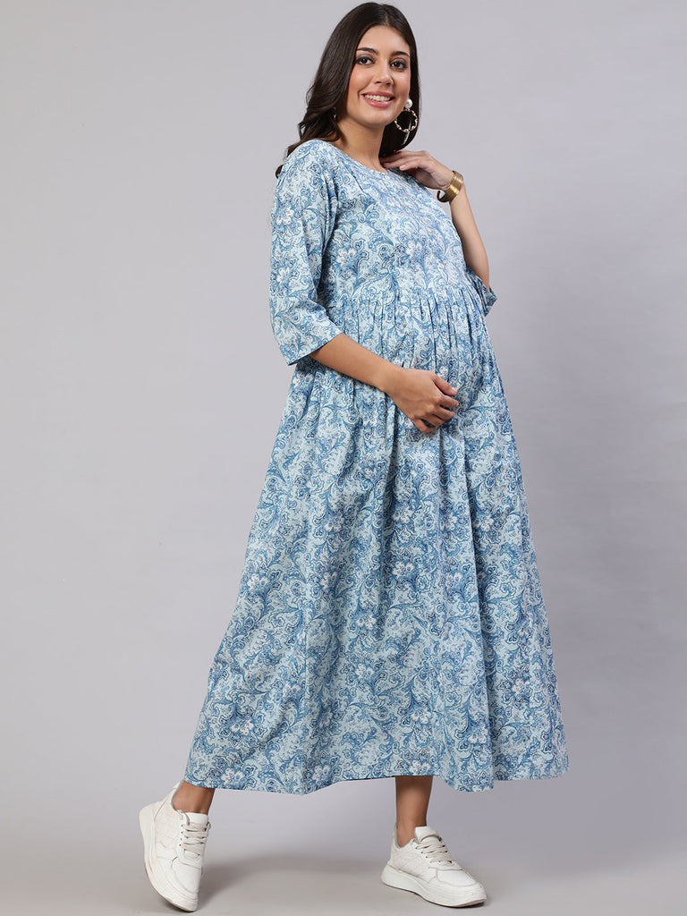 Women's Blue Printed Flared Maternity Dress