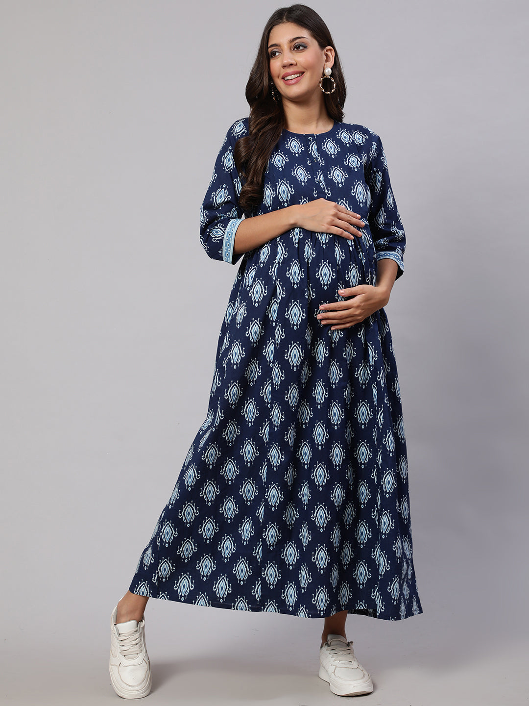 Women's Navy Blue Printed Flared Maternity Dress - Nayo Clothing