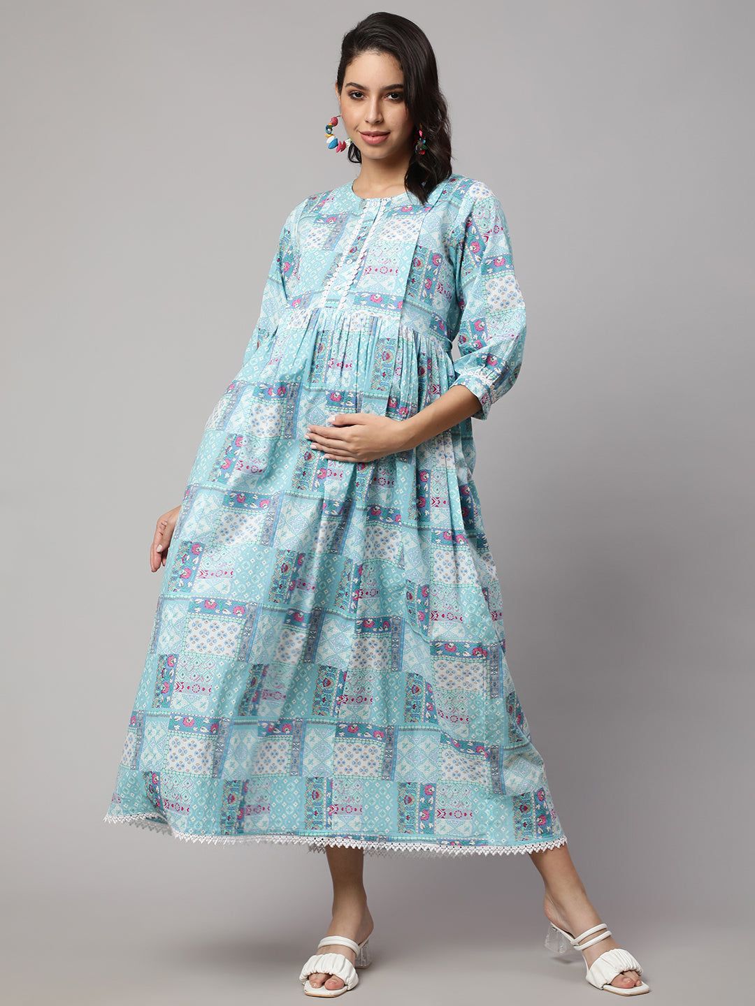 Women's Sky Blue Printed Flared Maternity Dress - Nayo Clothing