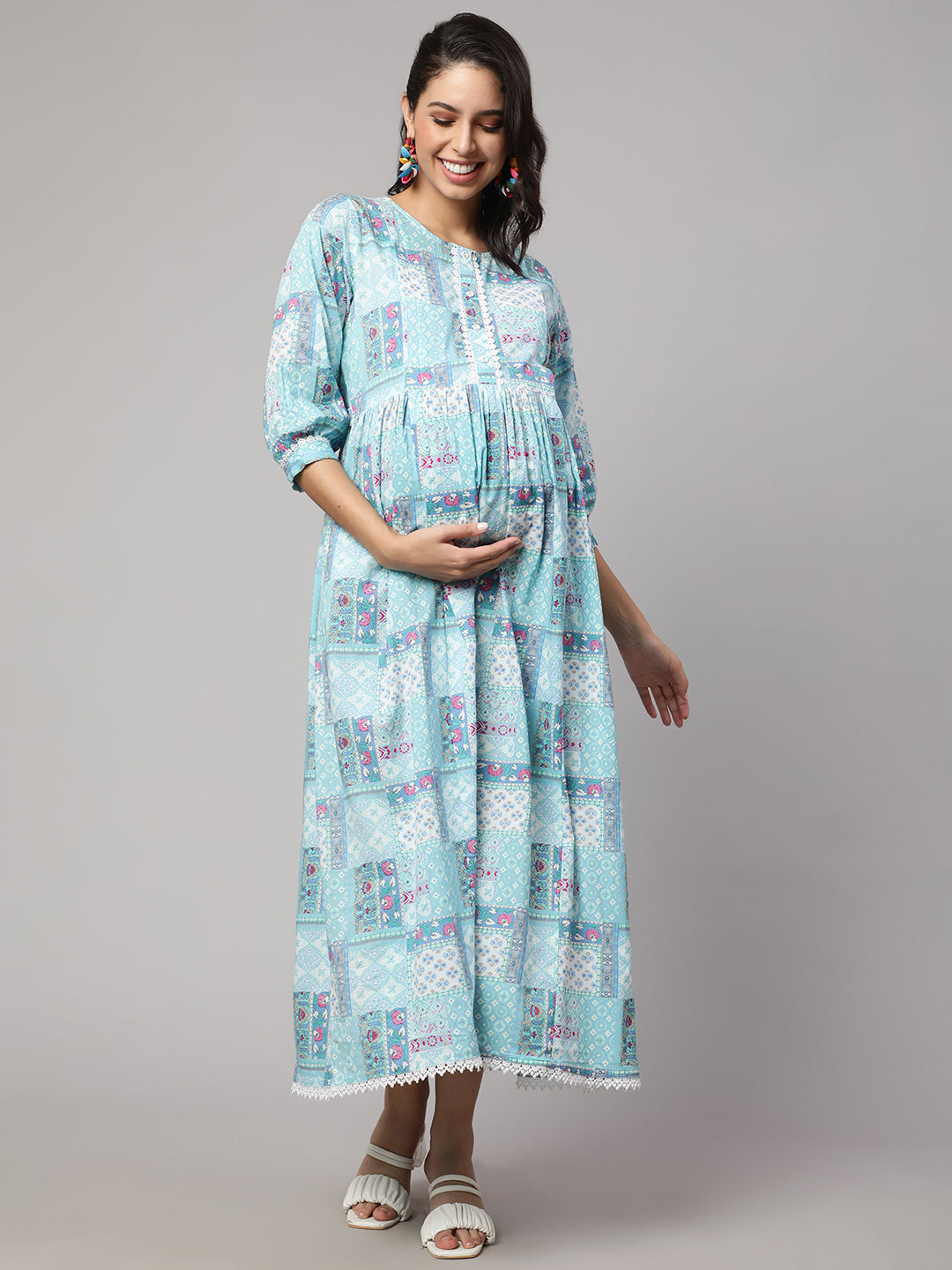 Women's Sky Blue Printed Flared Maternity Dress - Nayo Clothing