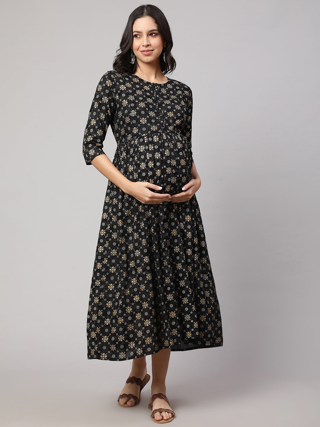Women's Black & Gold Printed Flared Maternity Dress - Nayo Clothing