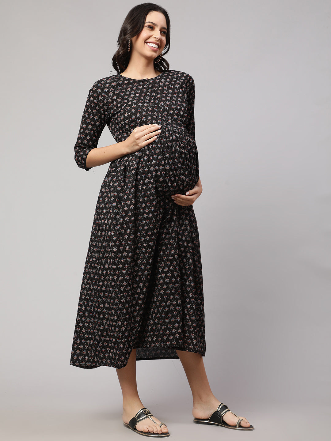 Women's Black Printed Flared Maternity Dress - Nayo Clothing