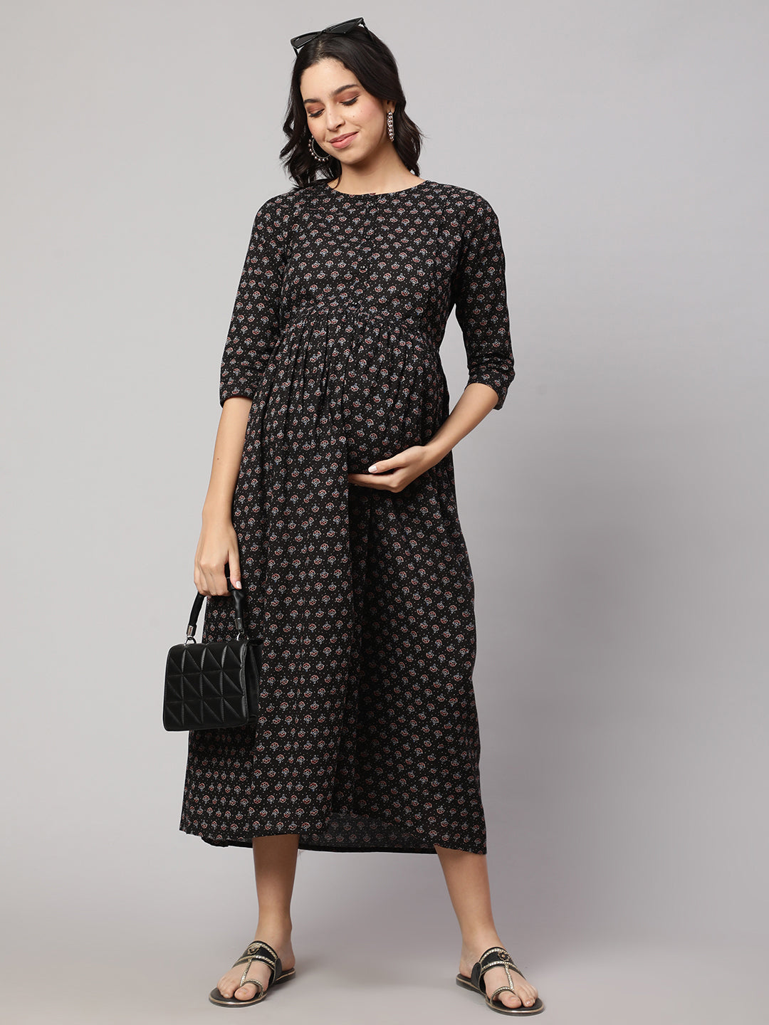 Women's Black Printed Flared Maternity Dress - Nayo Clothing