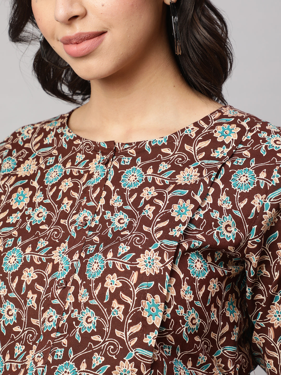 Women's Brown Floral Printed Flared Maternity Dress - Nayo Clothing