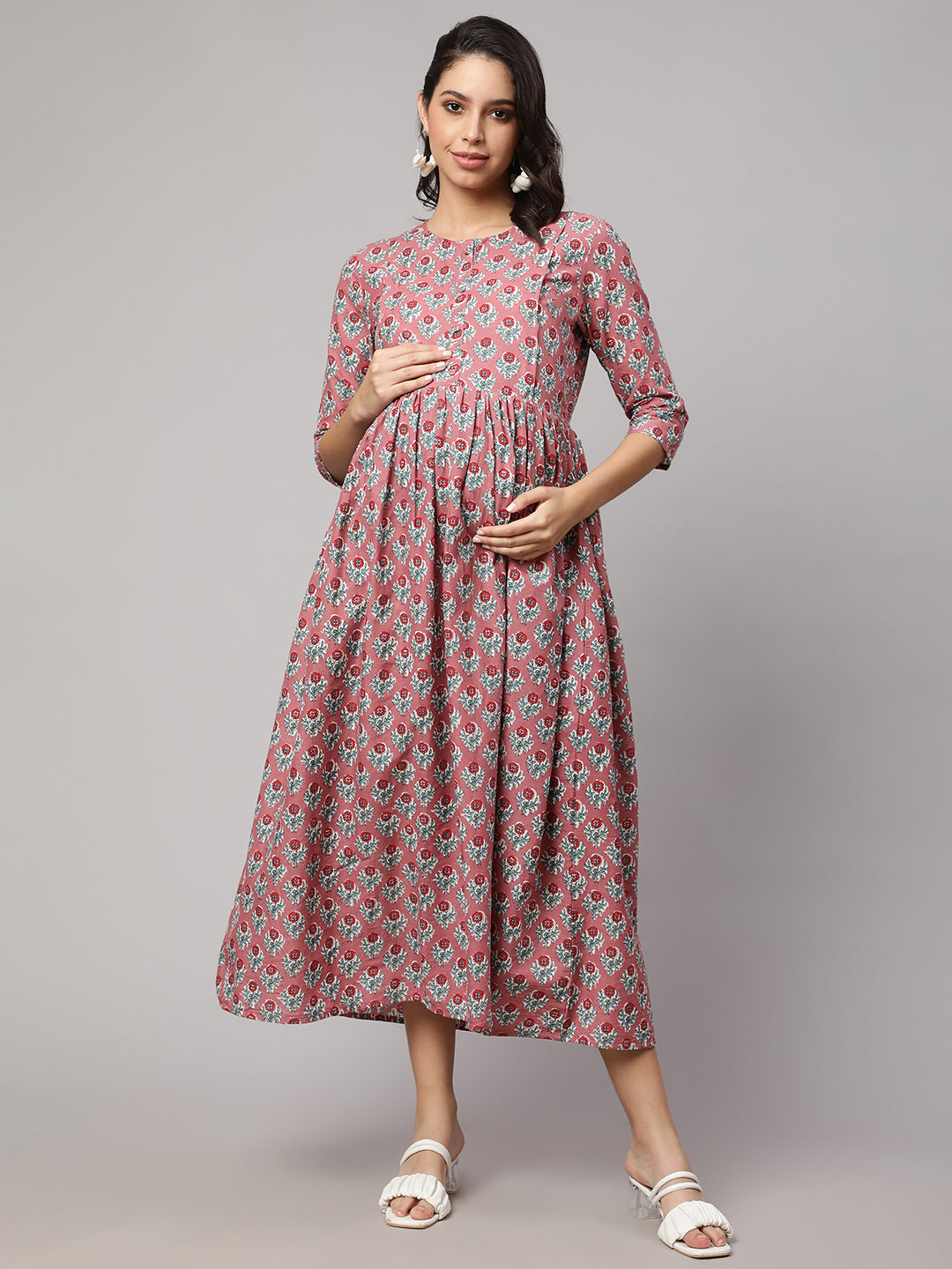Women's Mauve Floral Printed Flared Maternity Dress - Nayo Clothing