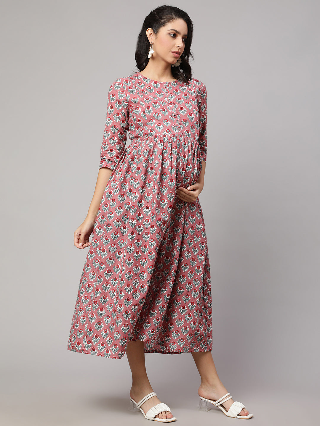 Women's Mauve Floral Printed Flared Maternity Dress - Nayo Clothing