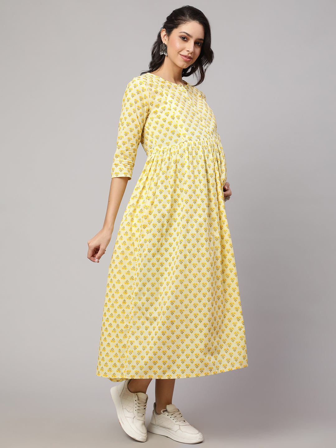 Women's Cream Printed Maternity Dress - Nayo Clothing
