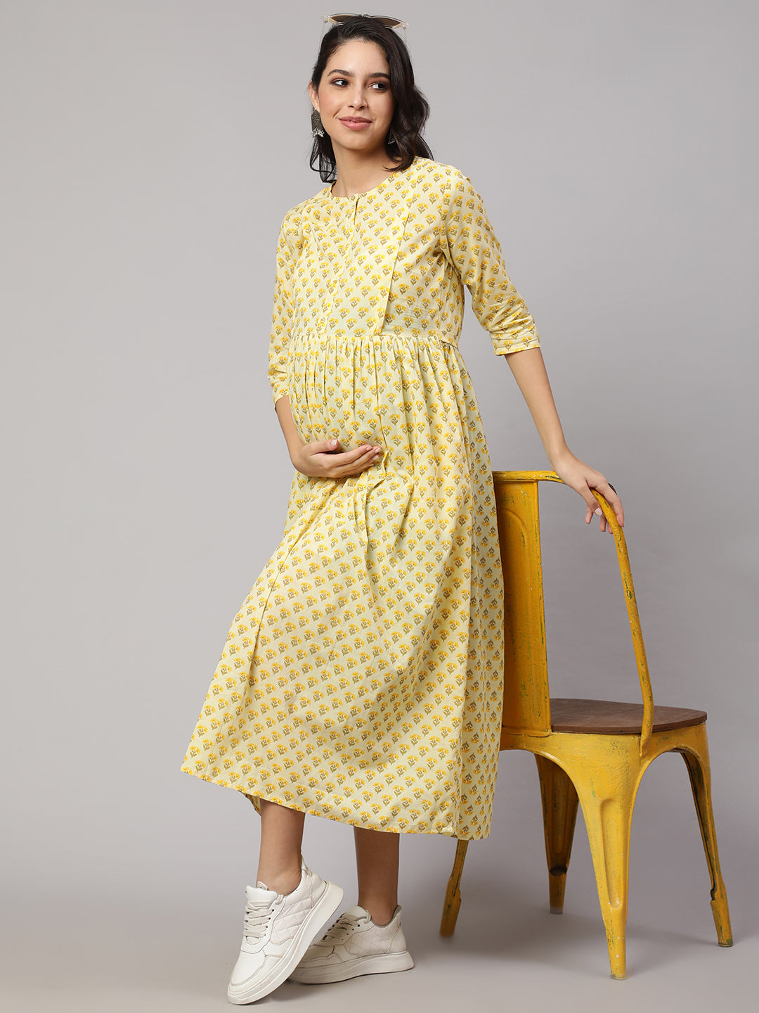 Women's Cream Printed Maternity Dress - Nayo Clothing