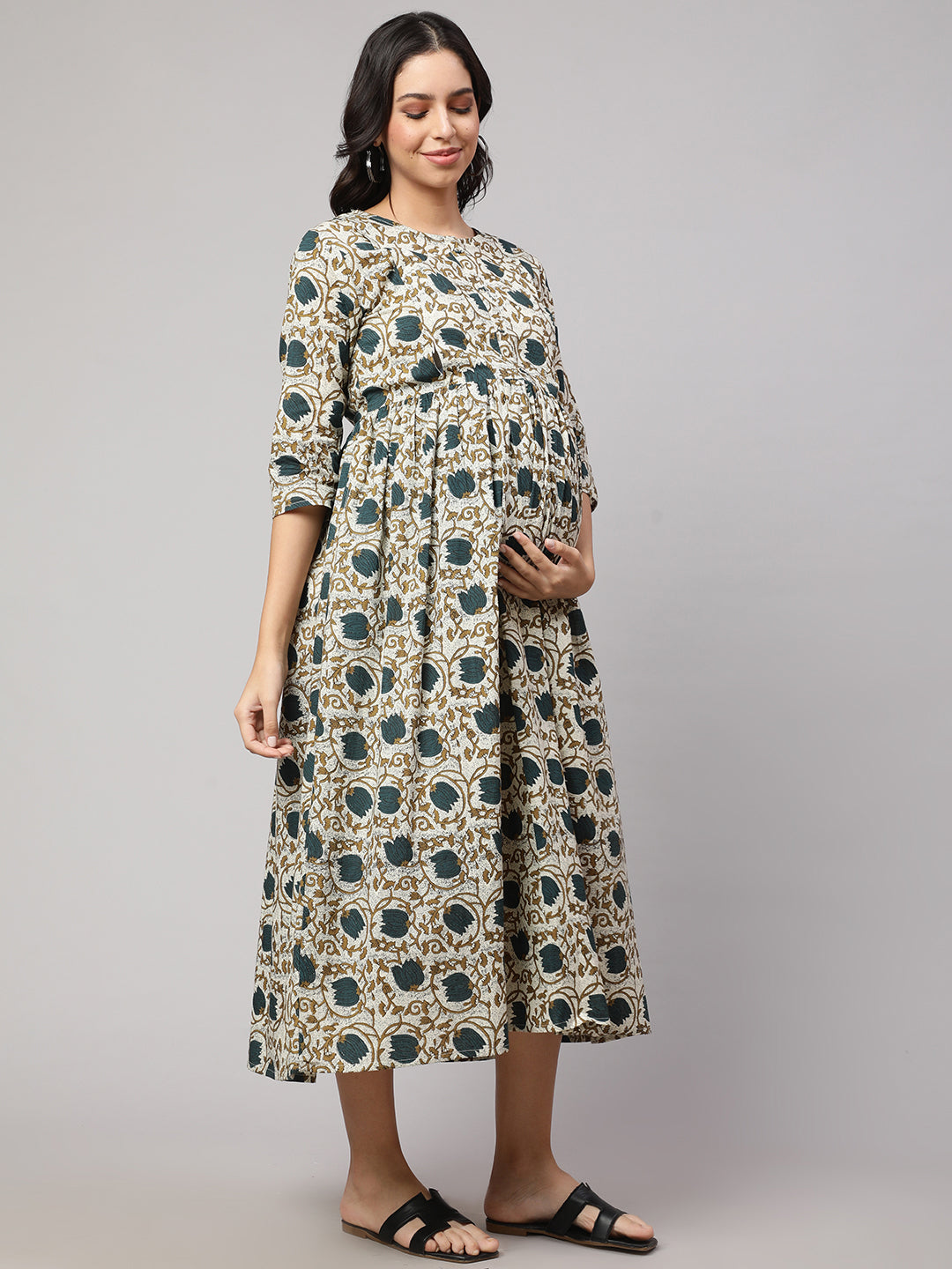 Women's Beige Printed Flared Maternity Dress - Nayo Clothing