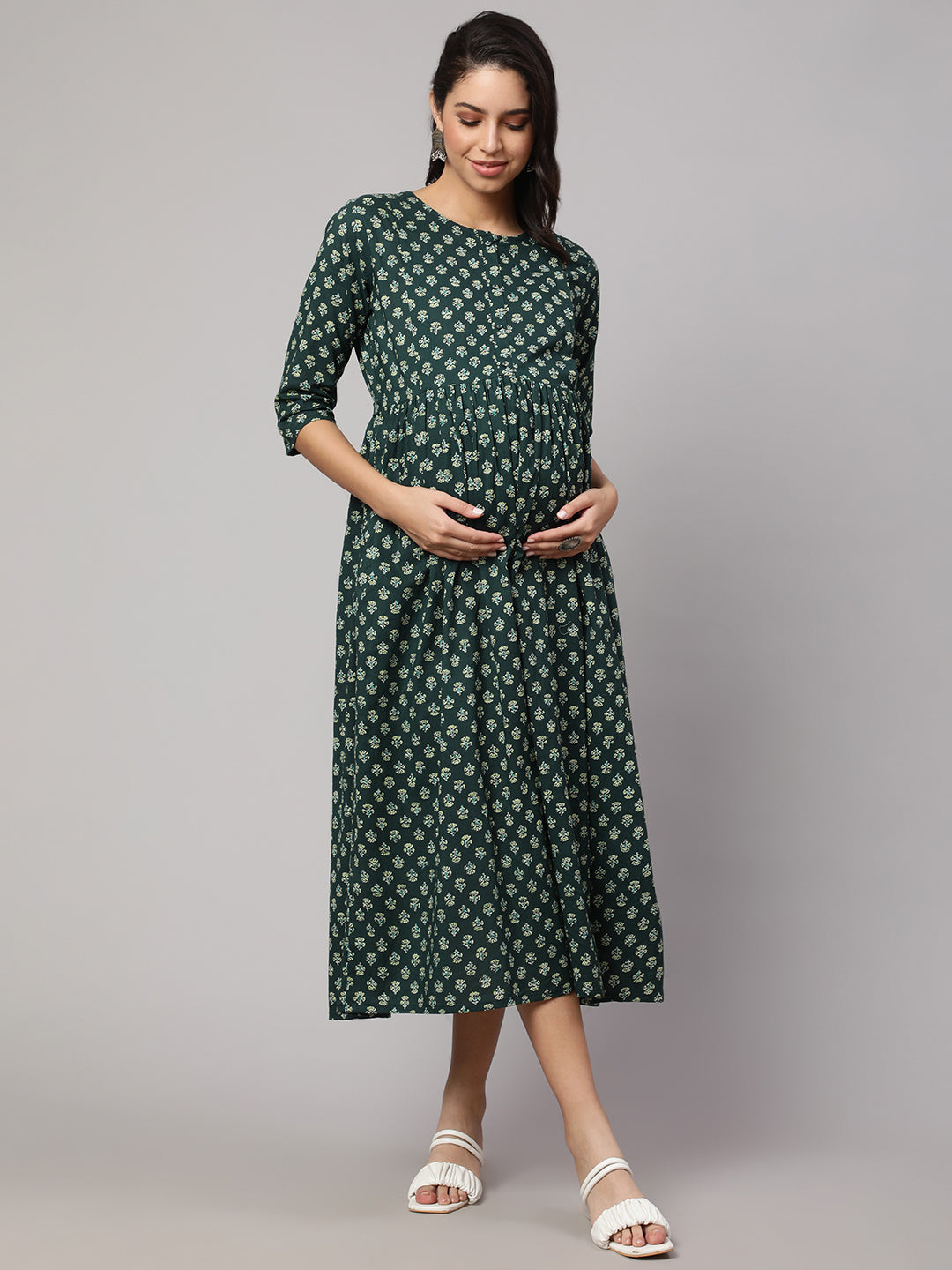 Women's Green Ethnic Printed Maternity Dress - Nayo Clothing