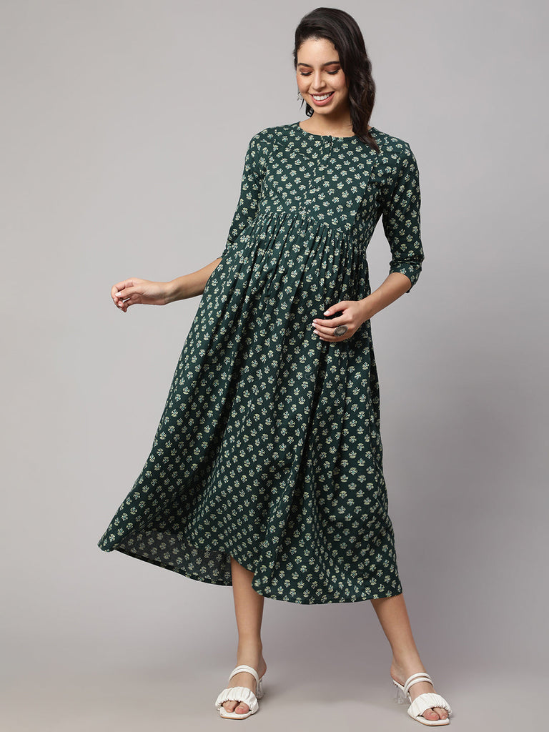Women's Green Ethnic Printed Maternity Dress