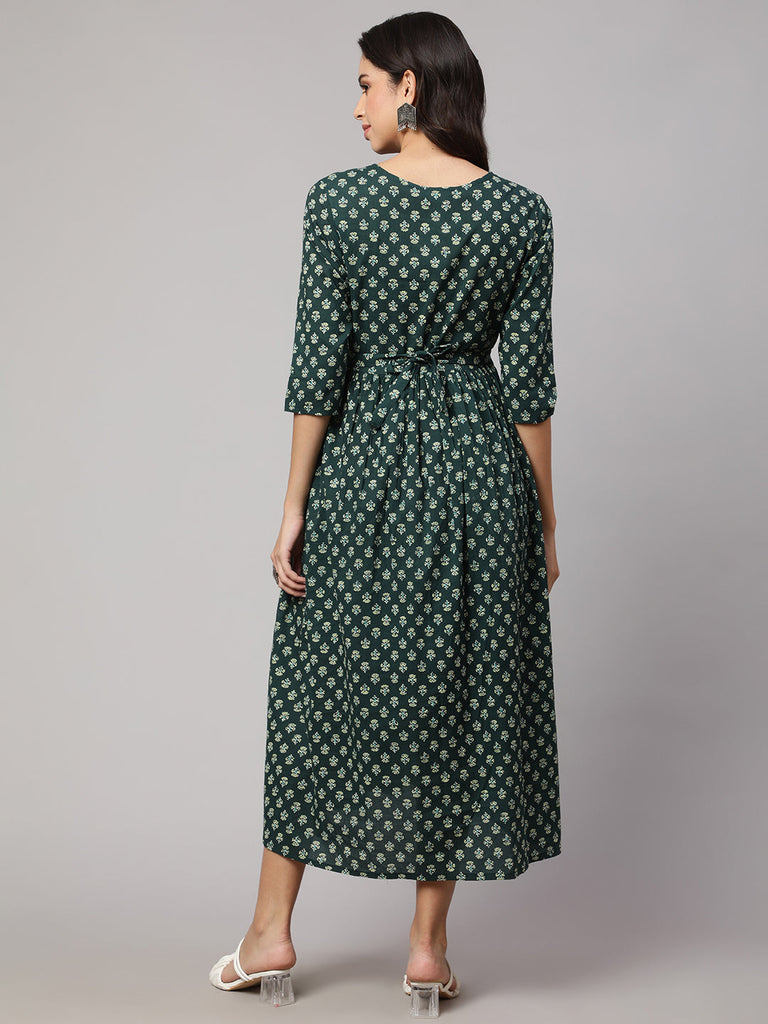 Women's Green Ethnic Printed Maternity Dress