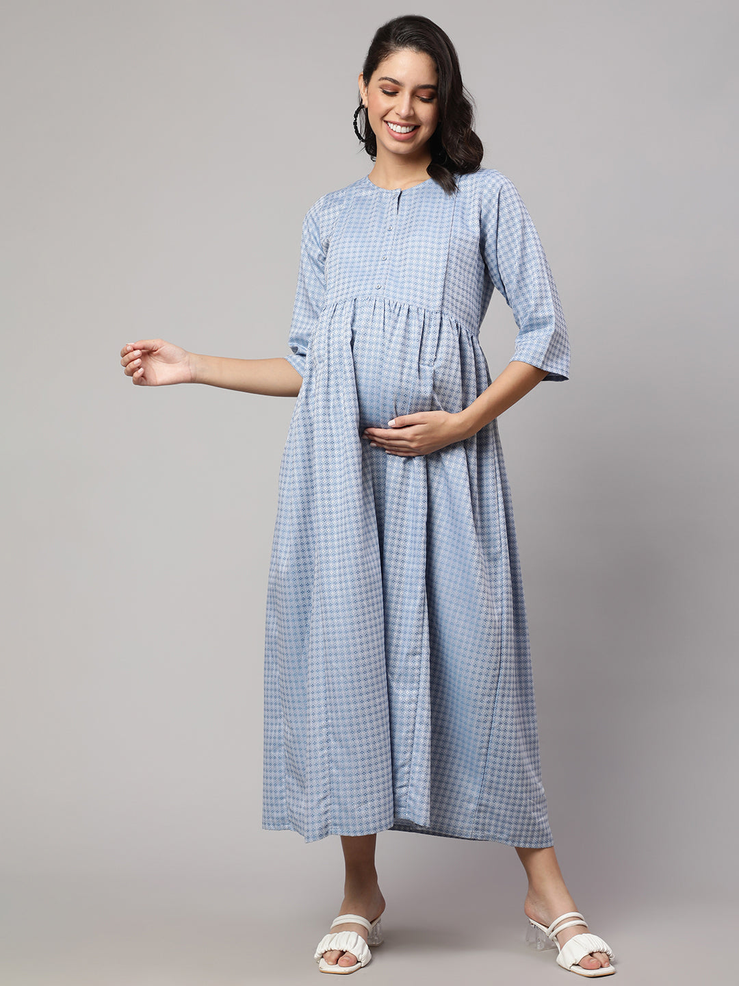 Women's Blue Printed Flared Maternity Dress - Nayo Clothing