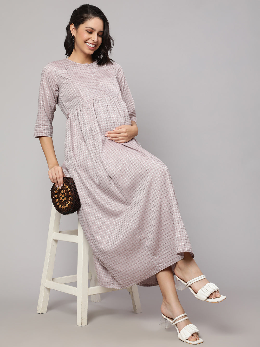 Women's Taupe Geometric Printed Maternity Dress - Nayo Clothing