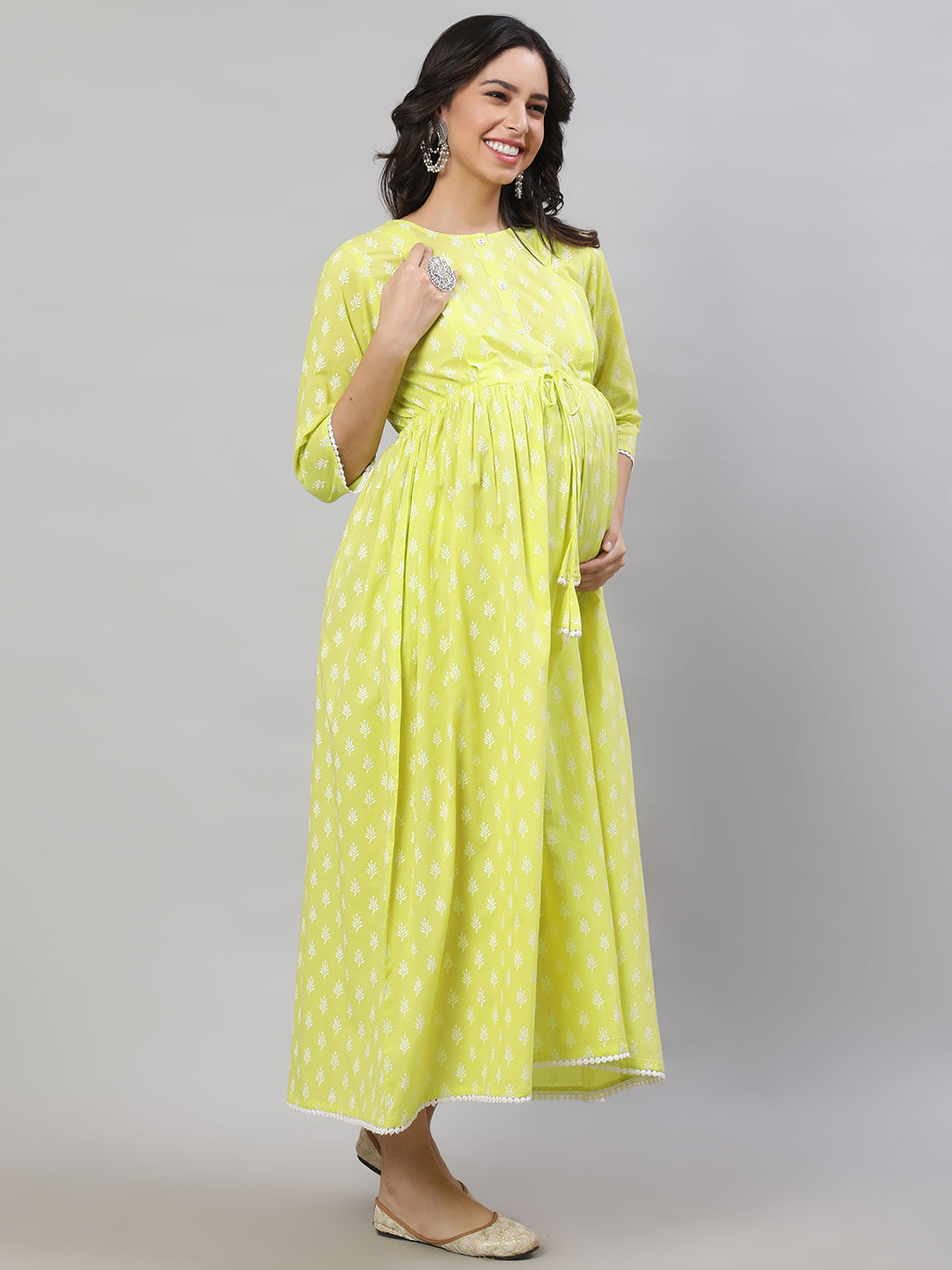 Women's Yellow Printed Flared Maternity Dress - Nayo Clothing
