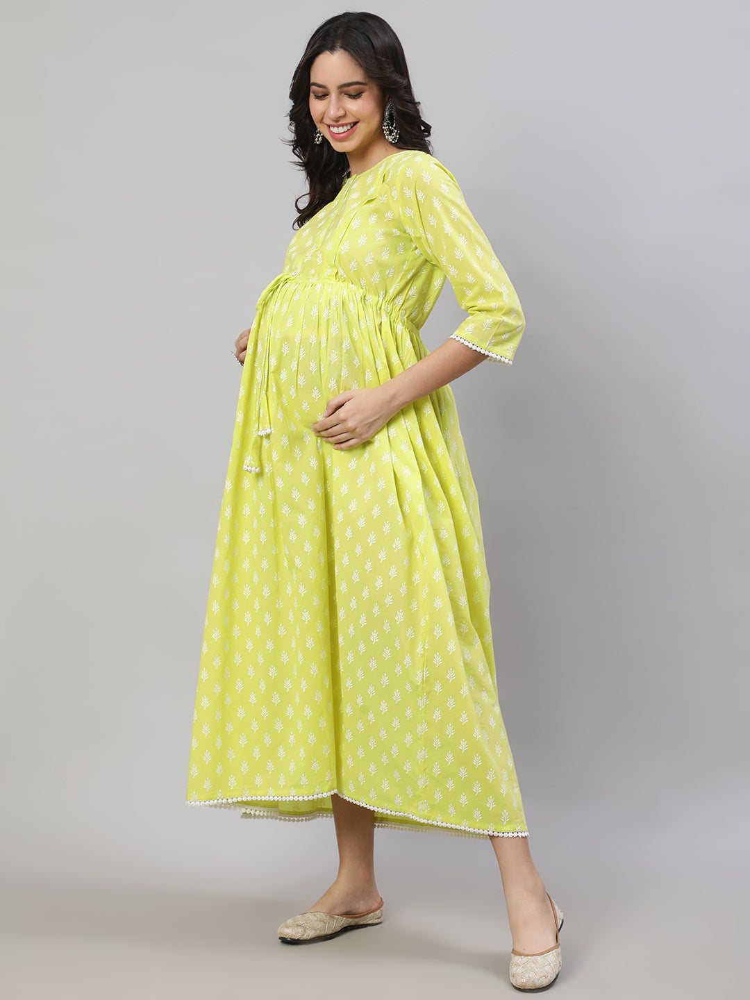 Women's Yellow Printed Flared Maternity Dress - Nayo Clothing