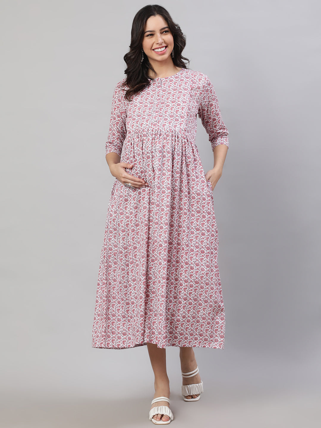 Women's Off-White Printed Flared Maternity Dress - Nayo Clothing