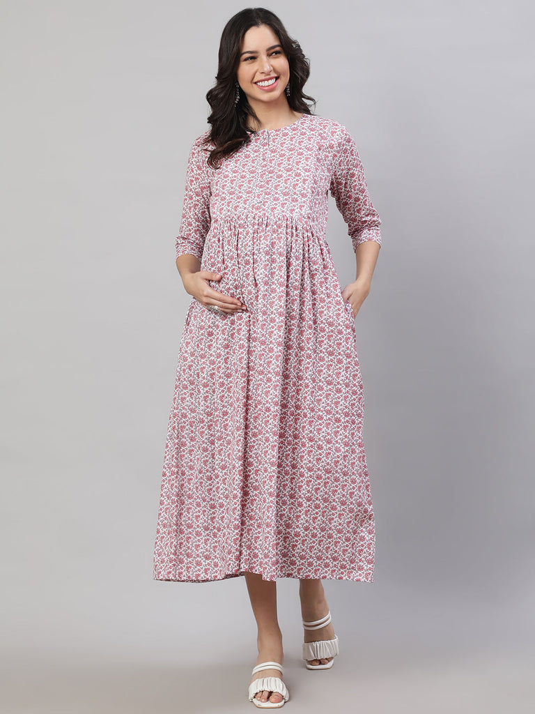 Women's Off-White Printed Flared Maternity Dress