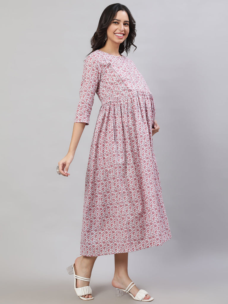Women's Off-White Printed Flared Maternity Dress