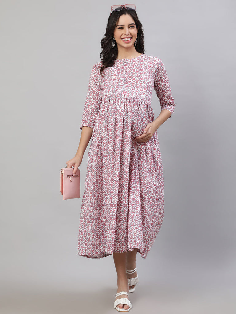 Women's Off-White Printed Flared Maternity Dress