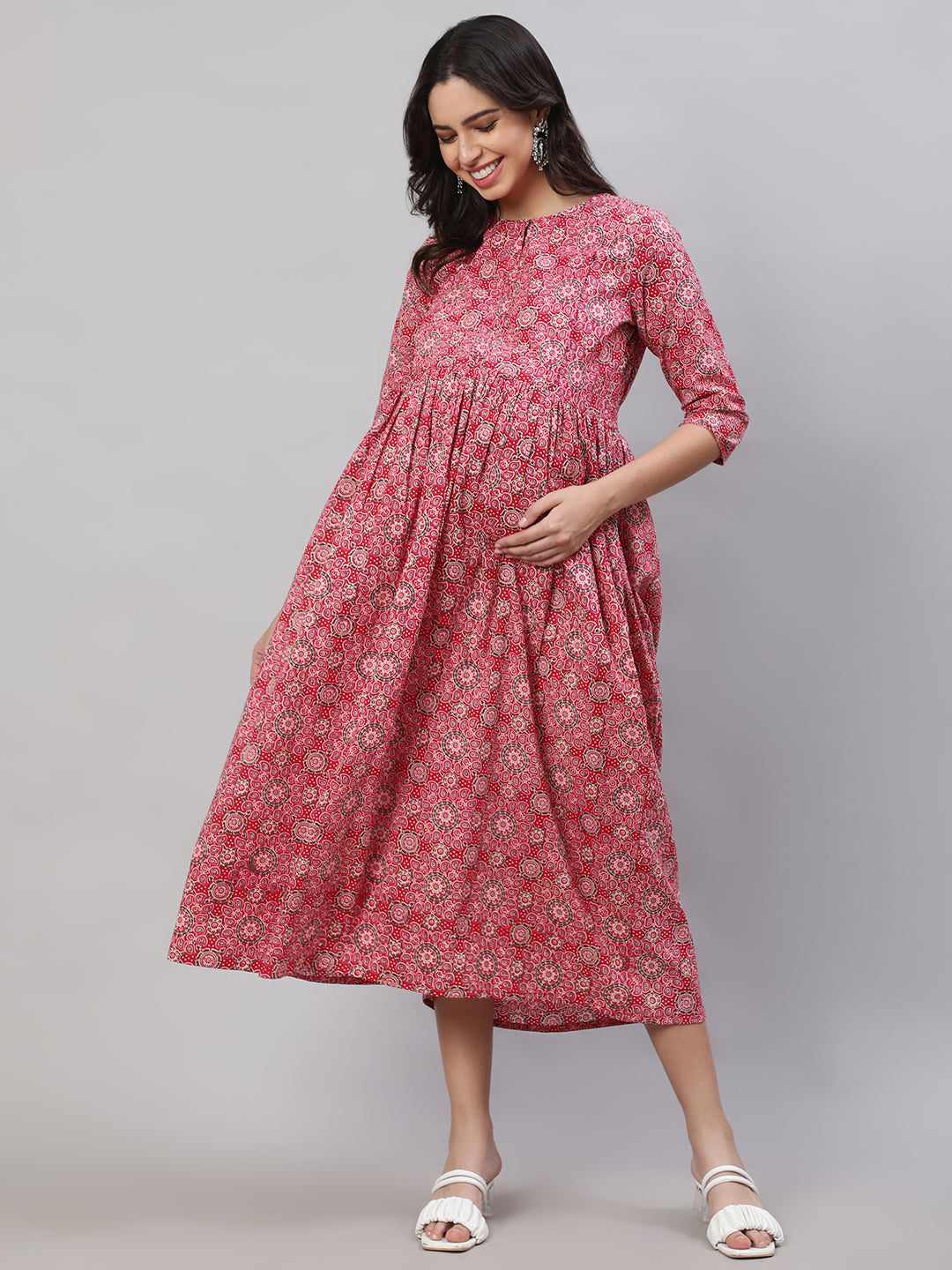 Women's Pink Printed Flared Maternity Dress - Nayo Clothing