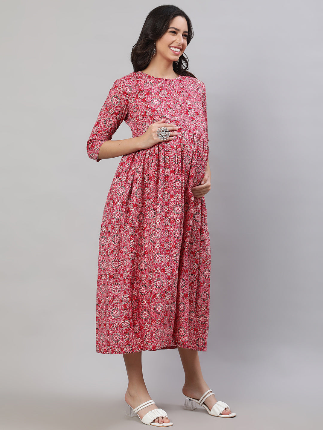 Women's Pink Printed Flared Maternity Dress - Nayo Clothing