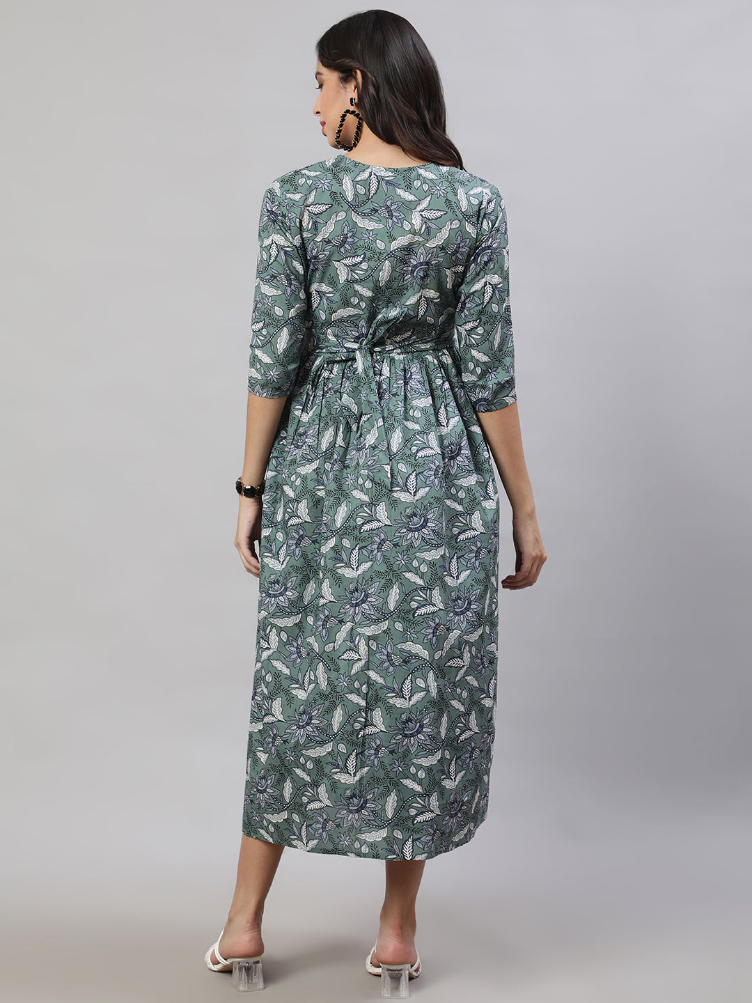 Women's Green Printed Flared Maternity Dress - Nayo Clothing