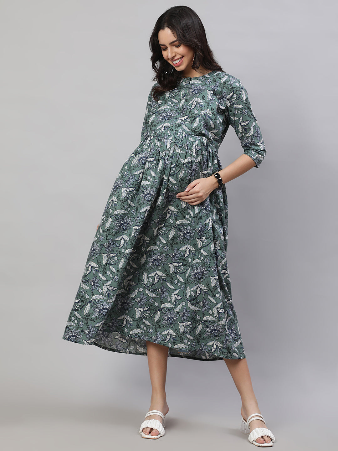Women's Green Printed Flared Maternity Dress - Nayo Clothing