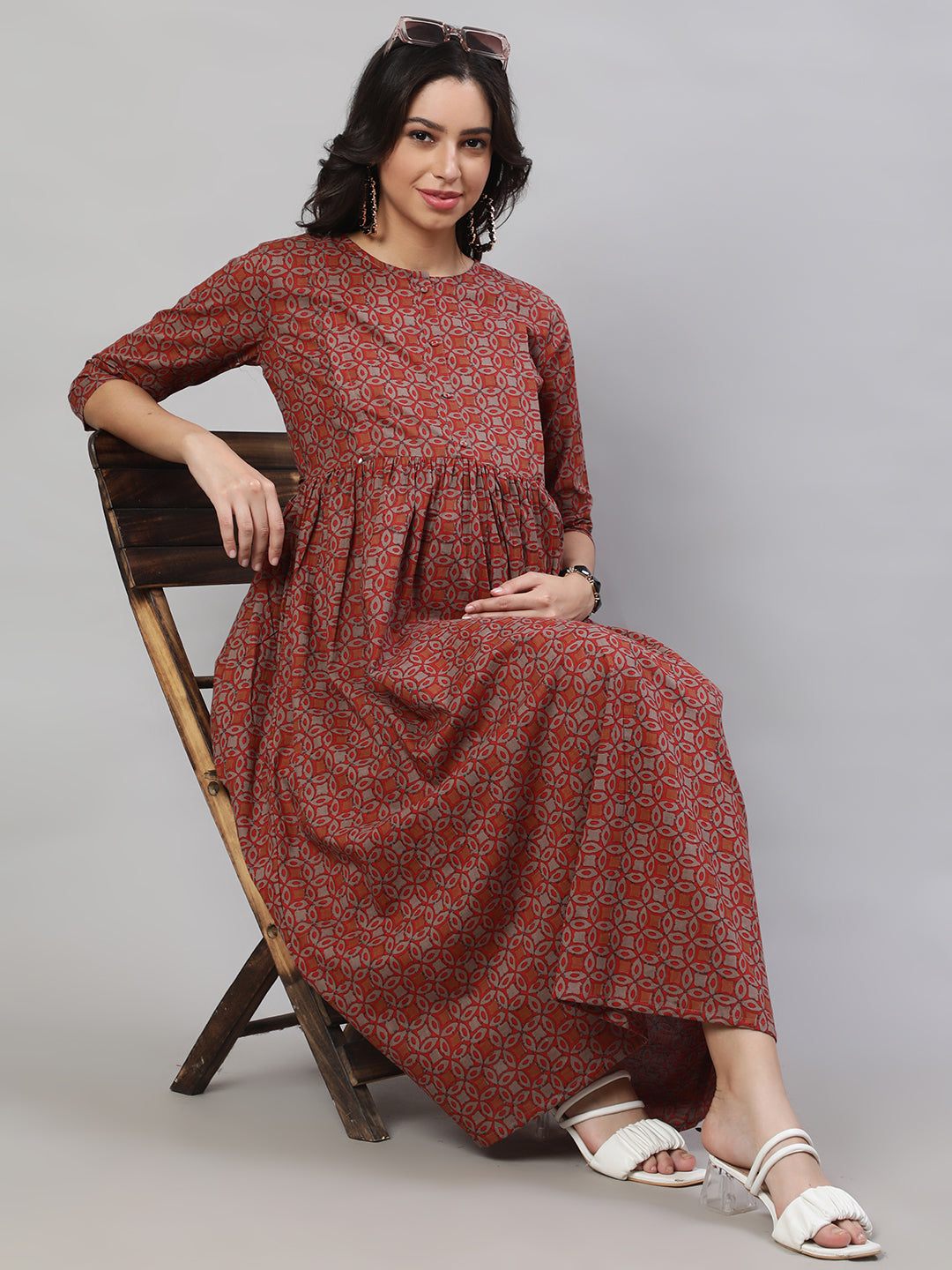 Women's Rust Printed Flared Maternity Dress - Nayo Clothing