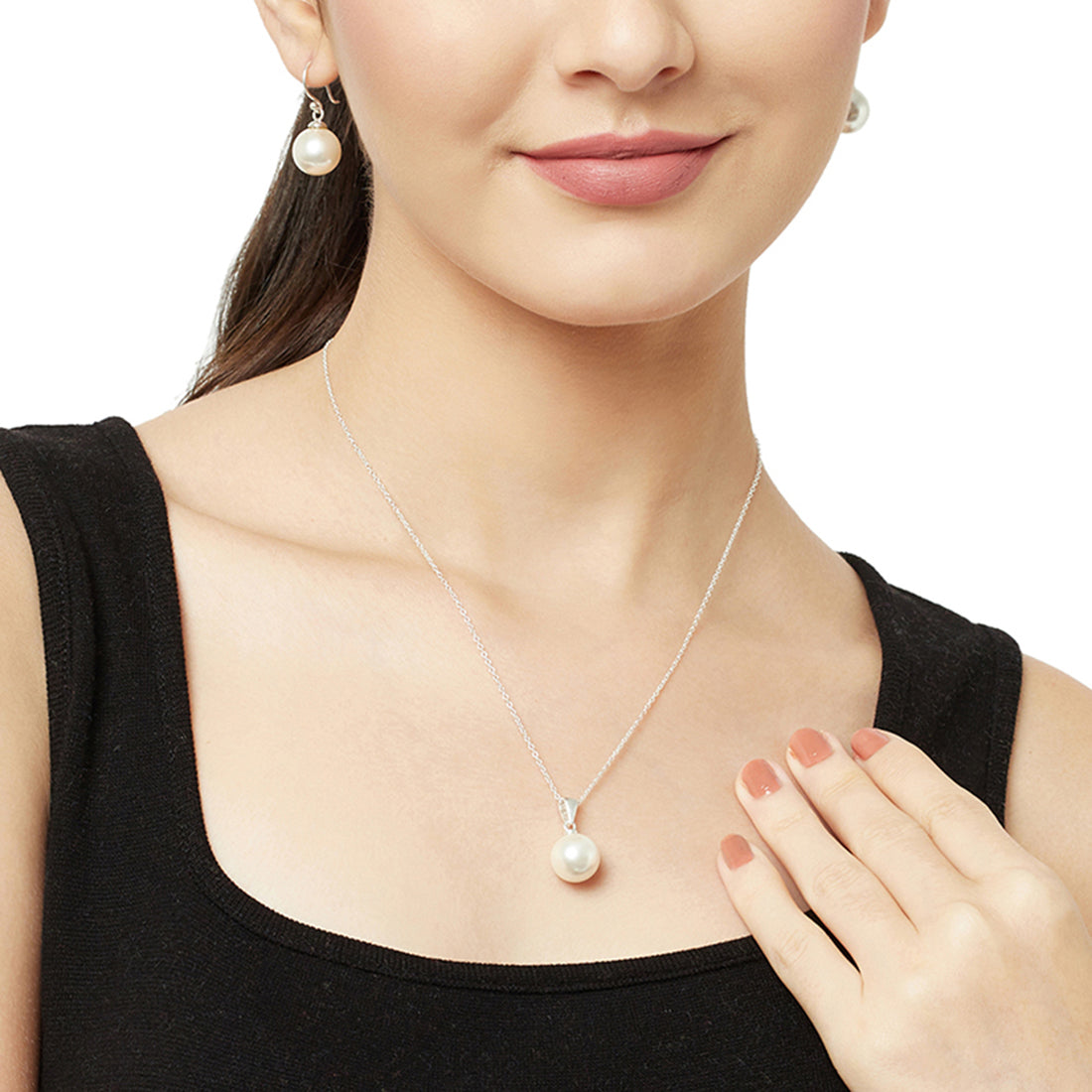 Women's Round White Pearls Silver Plated Sterling Silver Pendant Set - Voylla