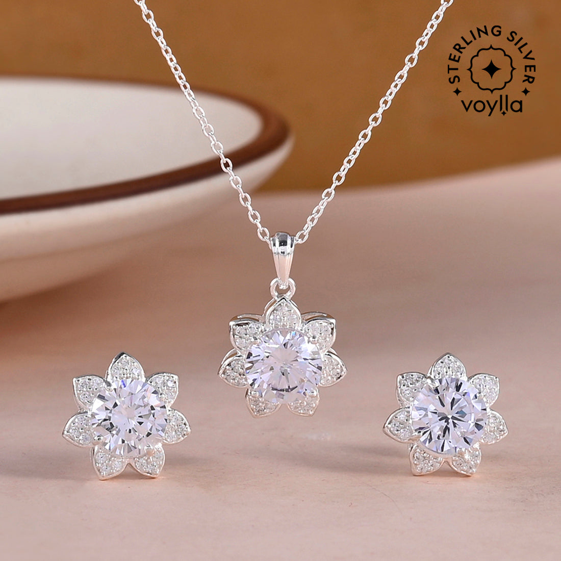 Women's Floral Style 925 Sterling Silver Set - Voylla