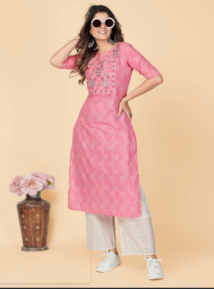 Women's Printed & Embroidered Straight Cotton Pink Stitched Kurta (1Pc) - Vbuyz