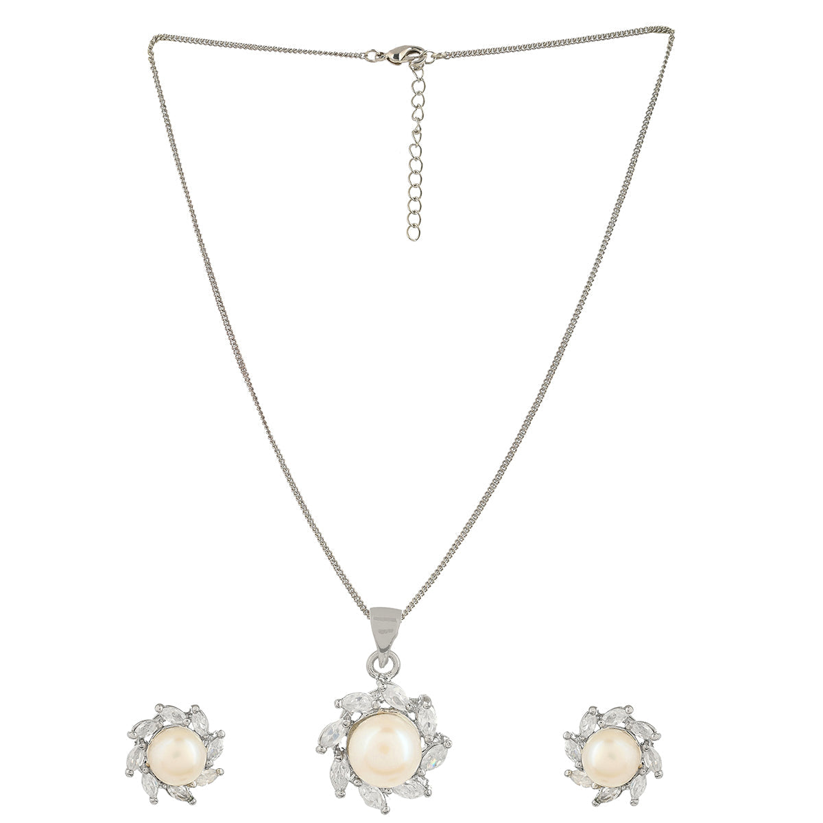 Women's Marquise Cut Cz And Faux Pearls Brass Silver Plated Pendant Set - Voylla
