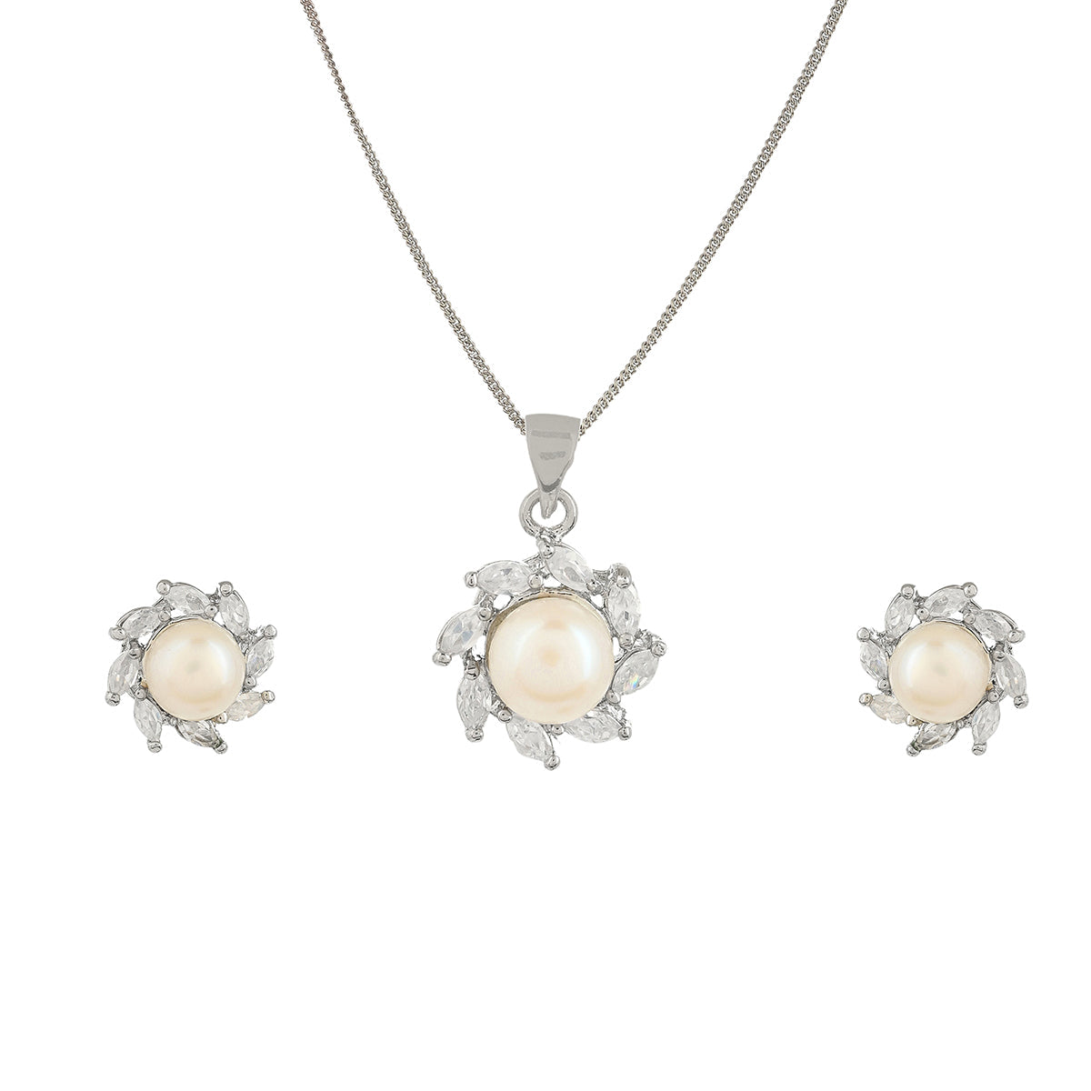 Women's Marquise Cut Cz And Faux Pearls Brass Silver Plated Pendant Set - Voylla