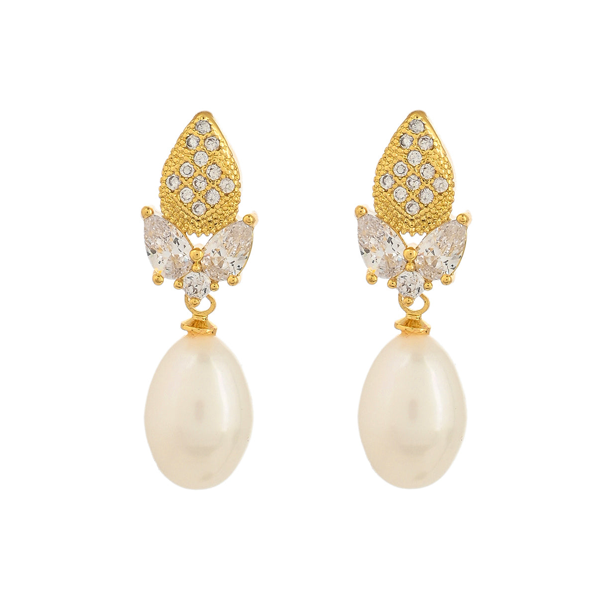Women's Teardrop Cz And Faux Pearls Gold Plated Brass Earrings - Voylla
