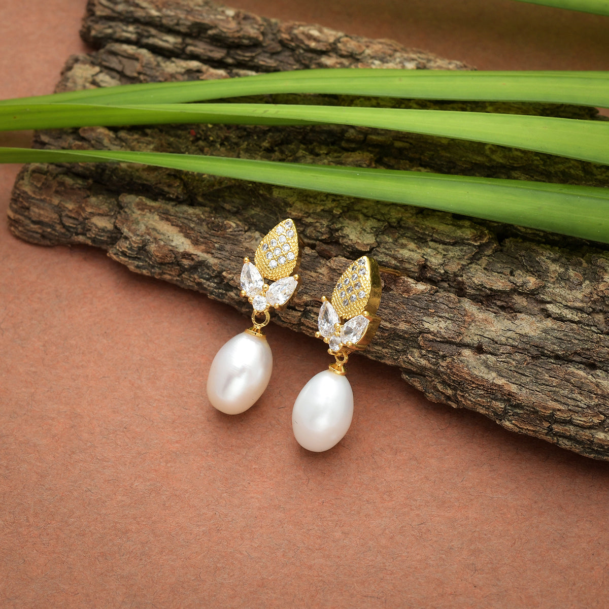 Women's Teardrop Cz And Faux Pearls Gold Plated Brass Earrings - Voylla