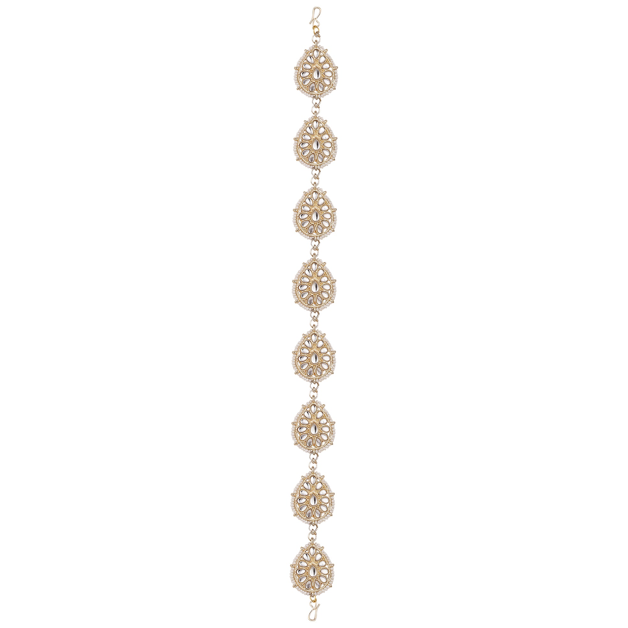 Women's/Girls Statement Gold Plated White Colored Pearl And Kundan Studded Leaf Shaped Matha Patti - Mode Mania