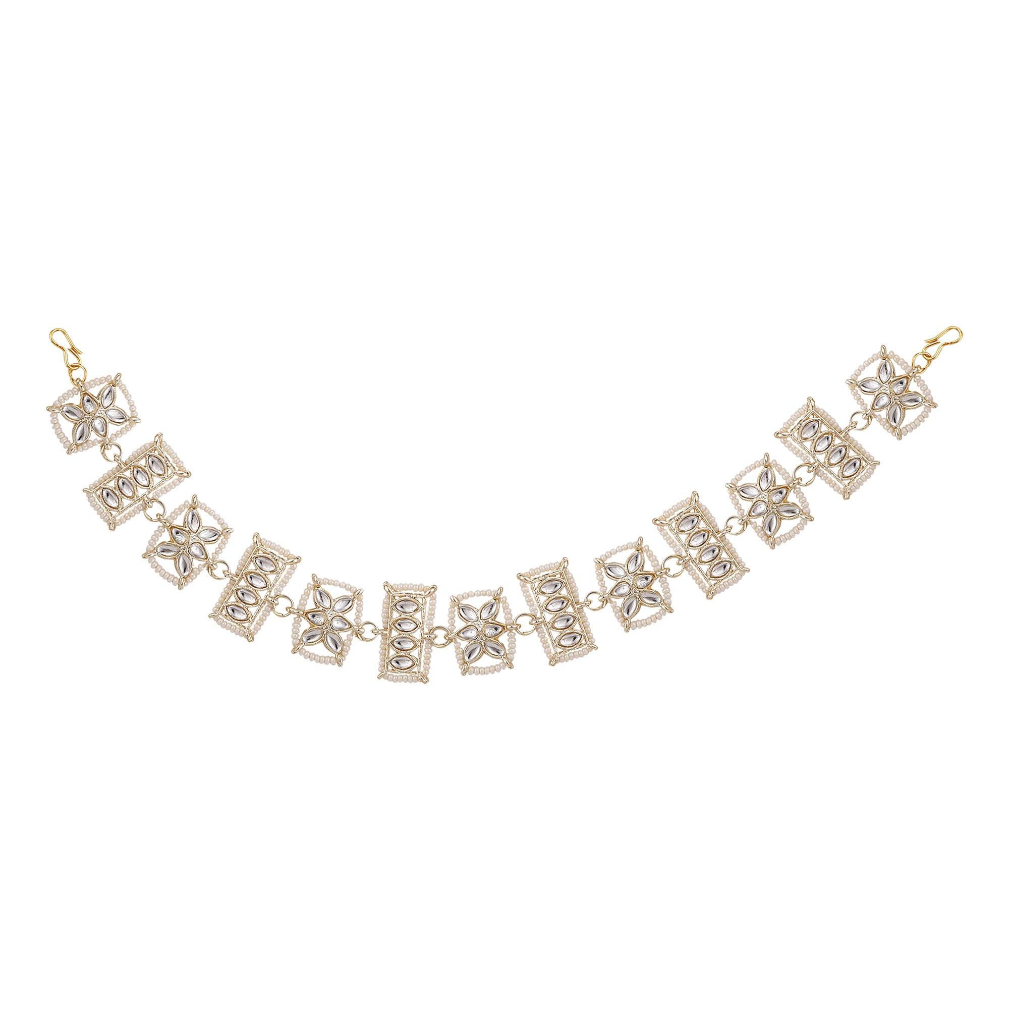 Women's/Girls Traditional Gold Plated Square Shaped White Colored Pearl And Kundan Studded Matha Patti - Mode Mania