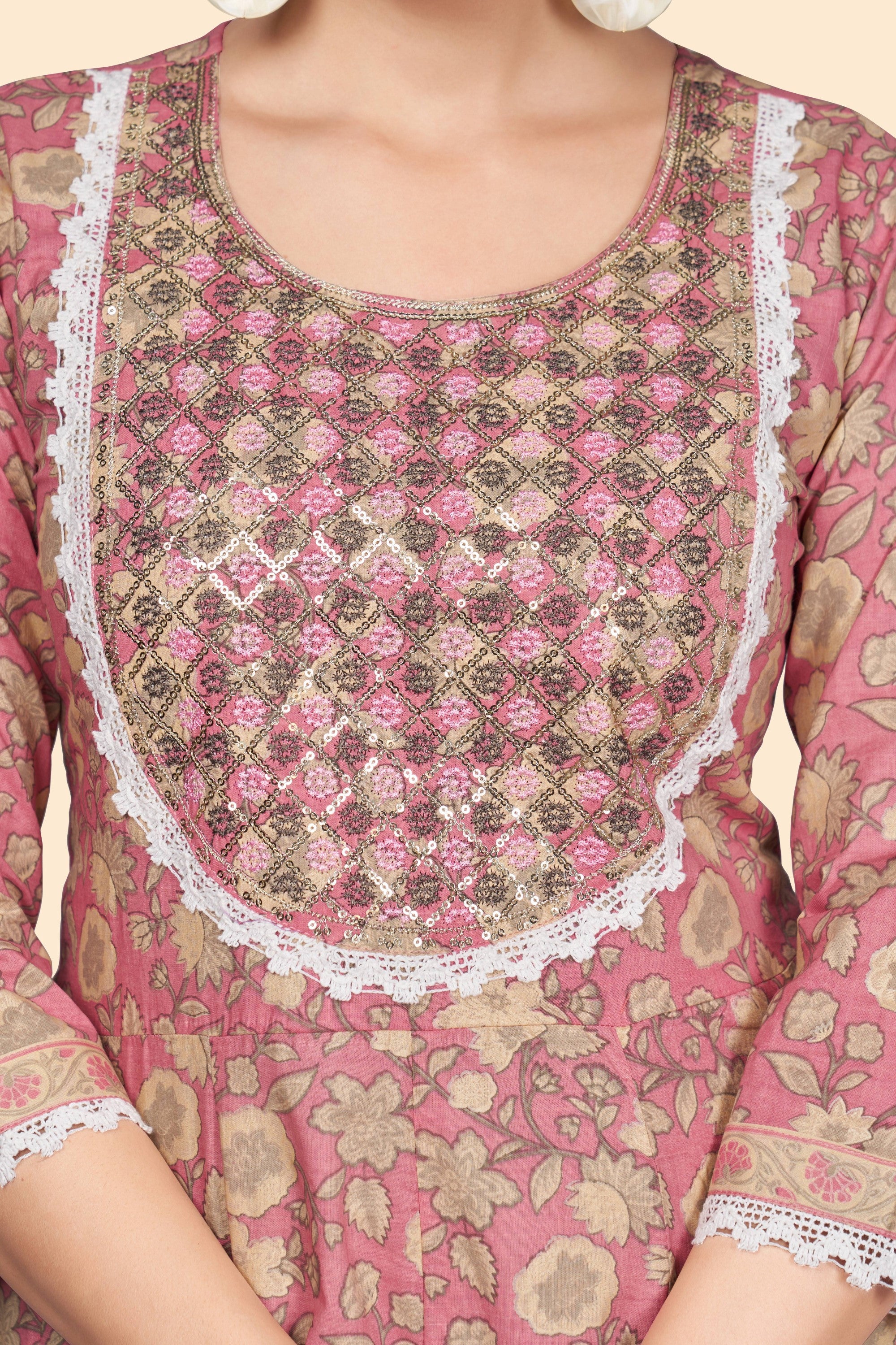 Women's Print & Embroidered A-Line Cotton Pink Stitched Kurta - Vbuyz