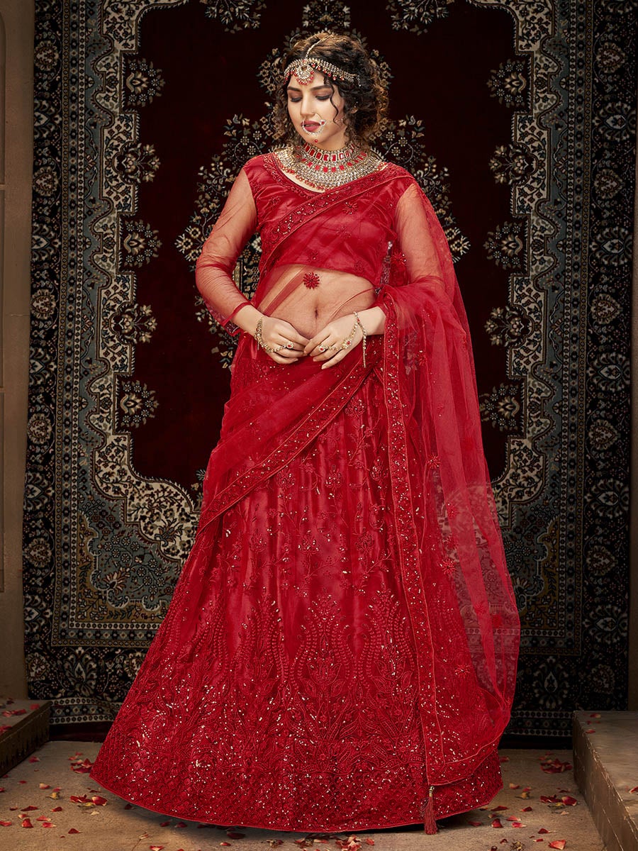 Women's Deep Red Heavy Embroidered Net Lehenga-Myracouture