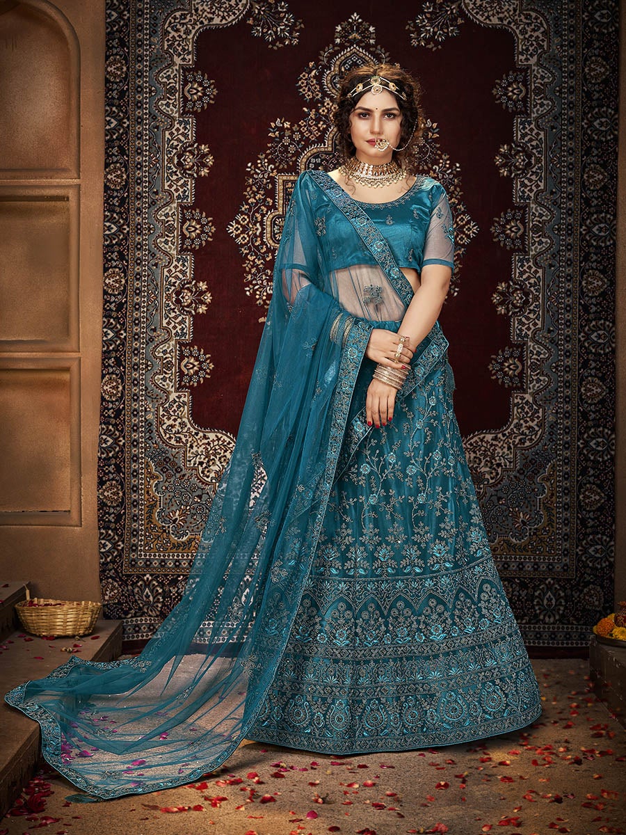 Women's Blue and Turquoise Ocean Heavy Embroidered Net Lehenga-Myracouture