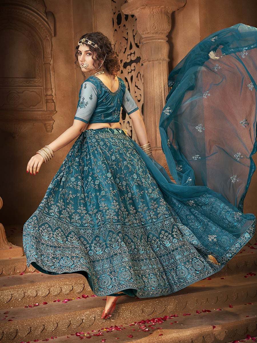Women's Blue and Turquoise Ocean Heavy Embroidered Net Lehenga-Myracouture
