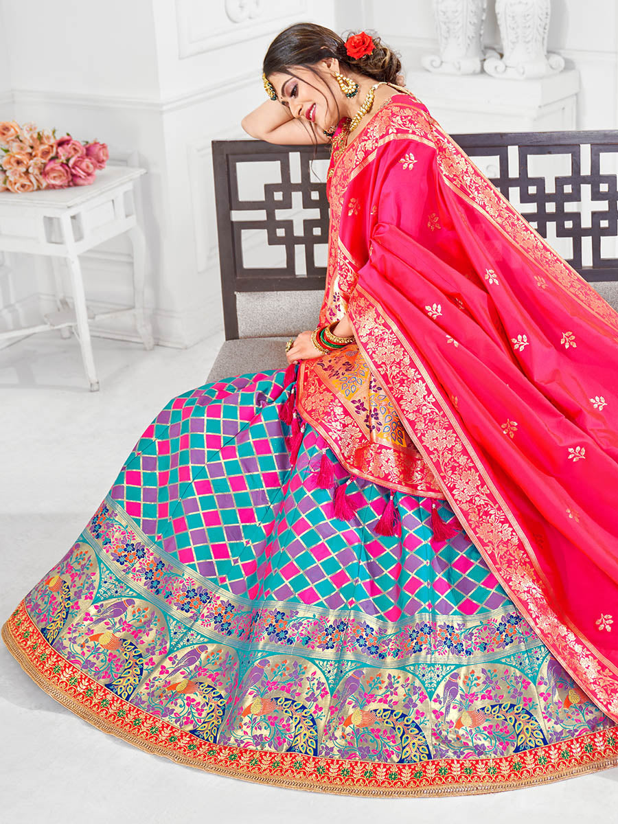 Women's Multicolour Jaquard Silk Designer Lehenga - Myracouture