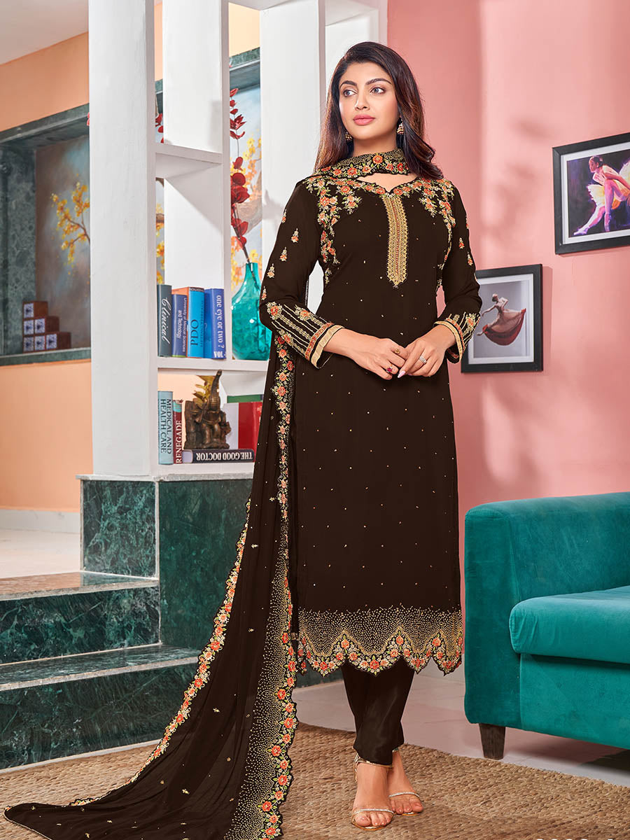Women's Brown Heavy Faux Georgette Embroidered Churidar Suit - Myracouture