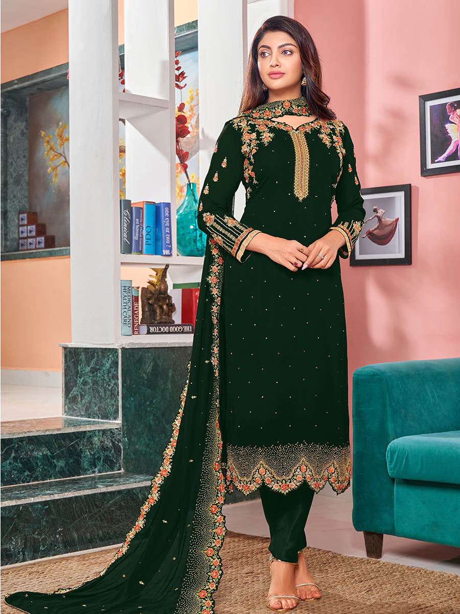 Women's Deep Green Heavy Faux Georgette Embroidered Churidar Suit - Myracouture